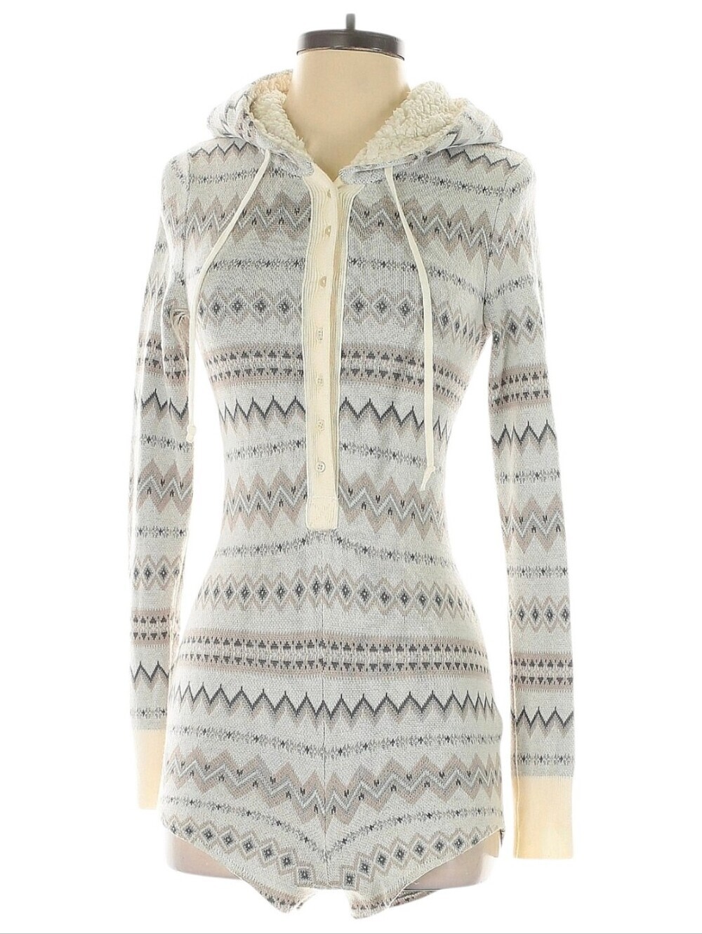 Abercrombie grey and white stretchy patterned hooded button up romper